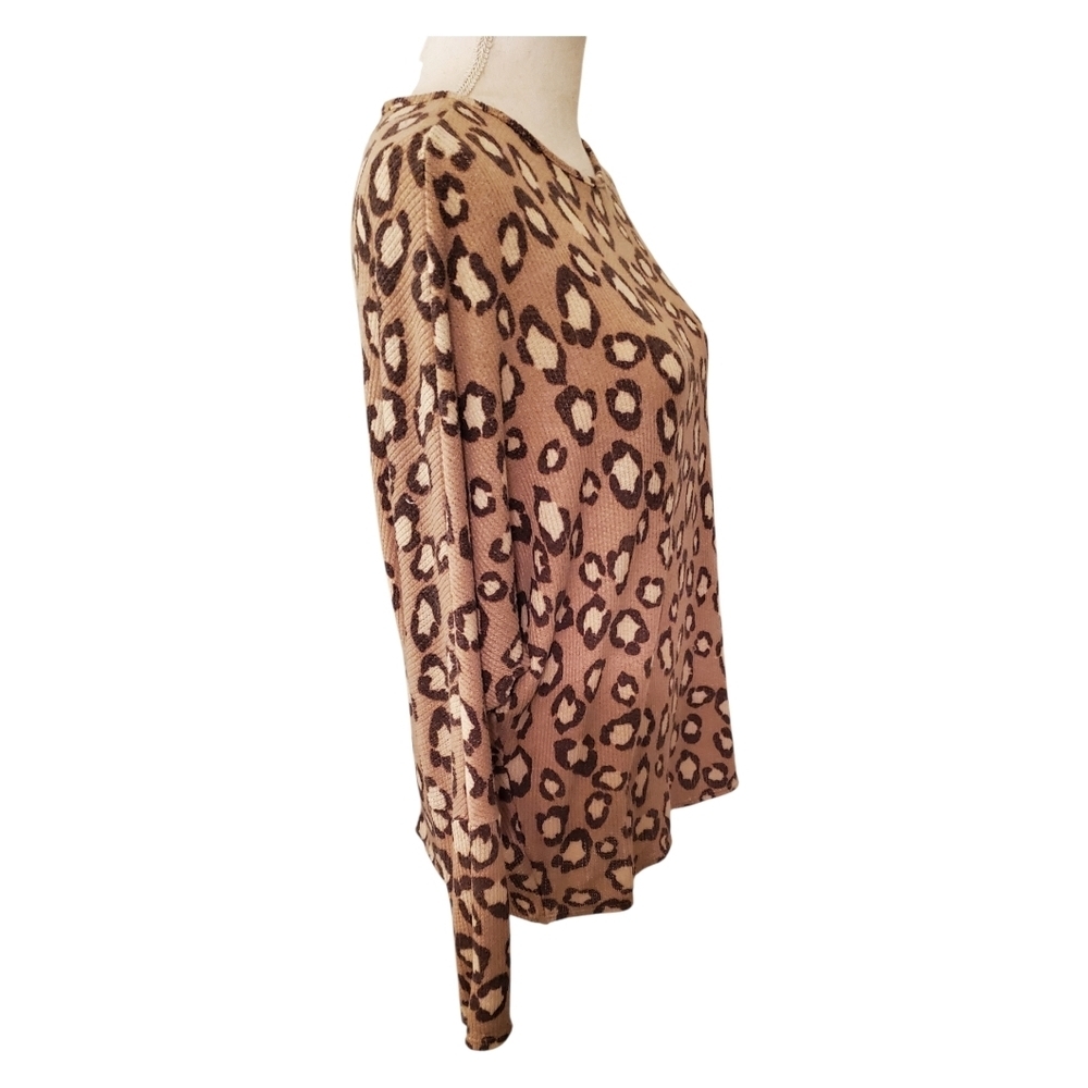 Bombom Leopard Print Brown And Tan Long Raglan Sleeve Waffle Knit Top Size L - Picture 4 of 7